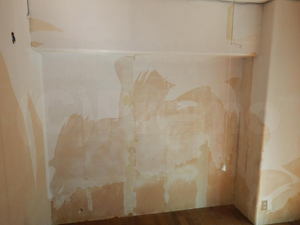 浴室用カビ取り剤で拭き続ける壁紙下地
